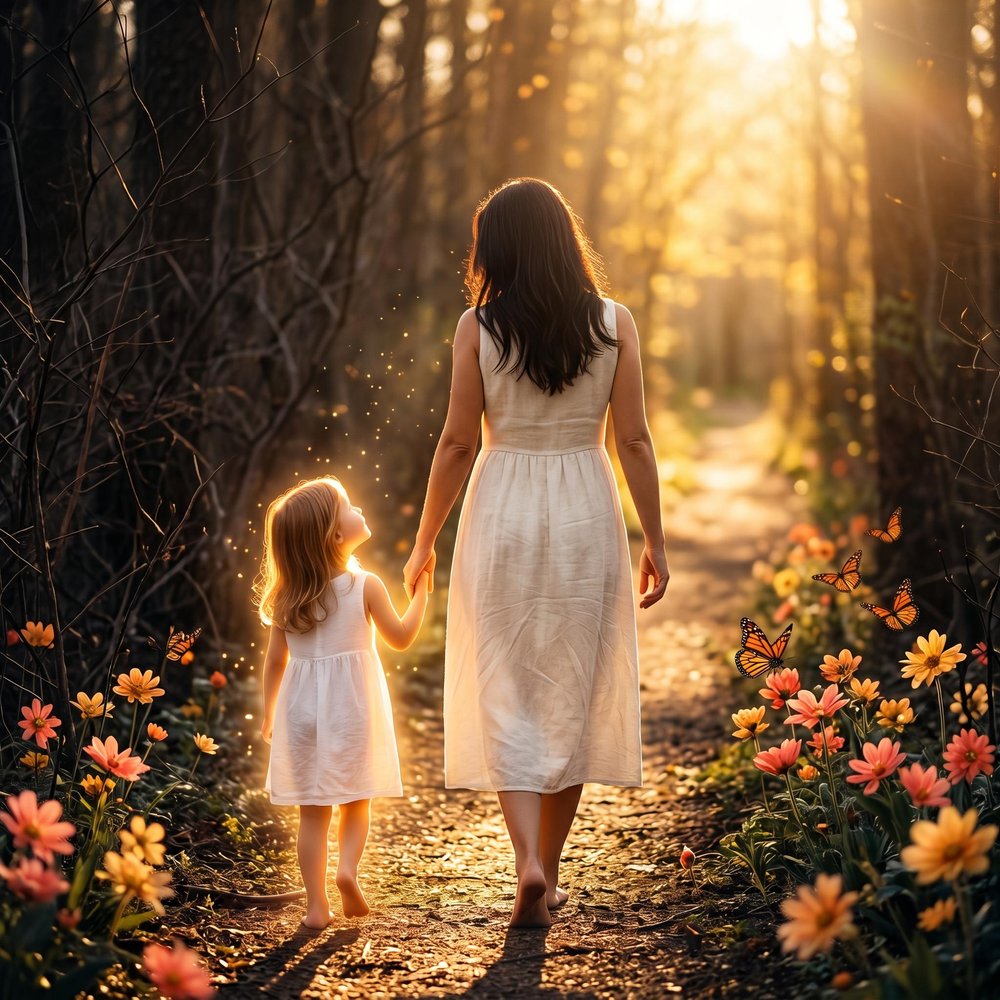 Atmospheric mood image — a mother and child walking a sunlit, flower-lined forest path