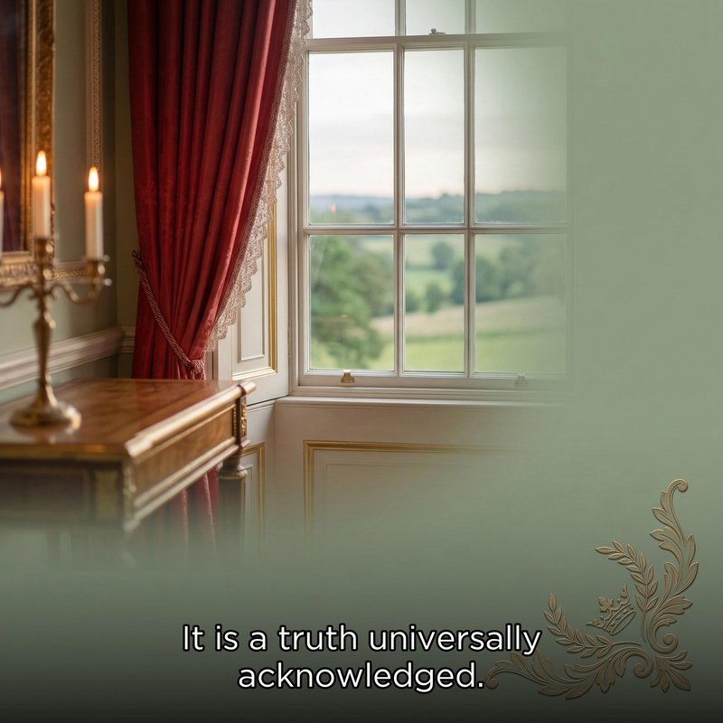 Carousel slide 1 — a candlelit Regency window with the opening line of Pride and Prejudice