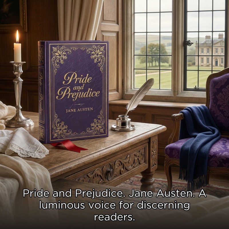 Carousel slide 3 — the Pride and Prejudice cover staged on a side table