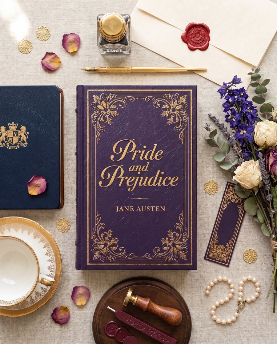Lifestyle flat-lay mockup featuring a book cover surrounded by flowers, a teacup, pearls, and a wax seal