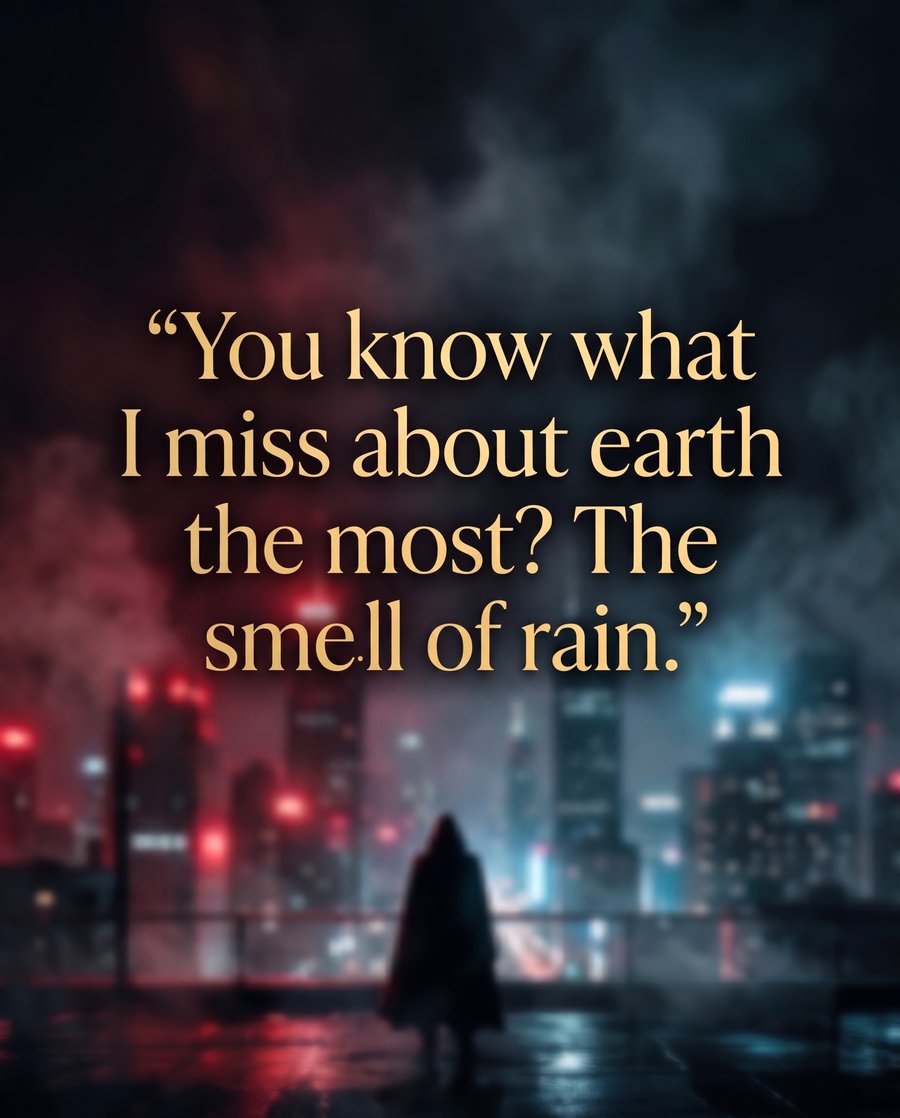 Quote graphic with gold serif text over a moody, rain-soaked neon cityscape